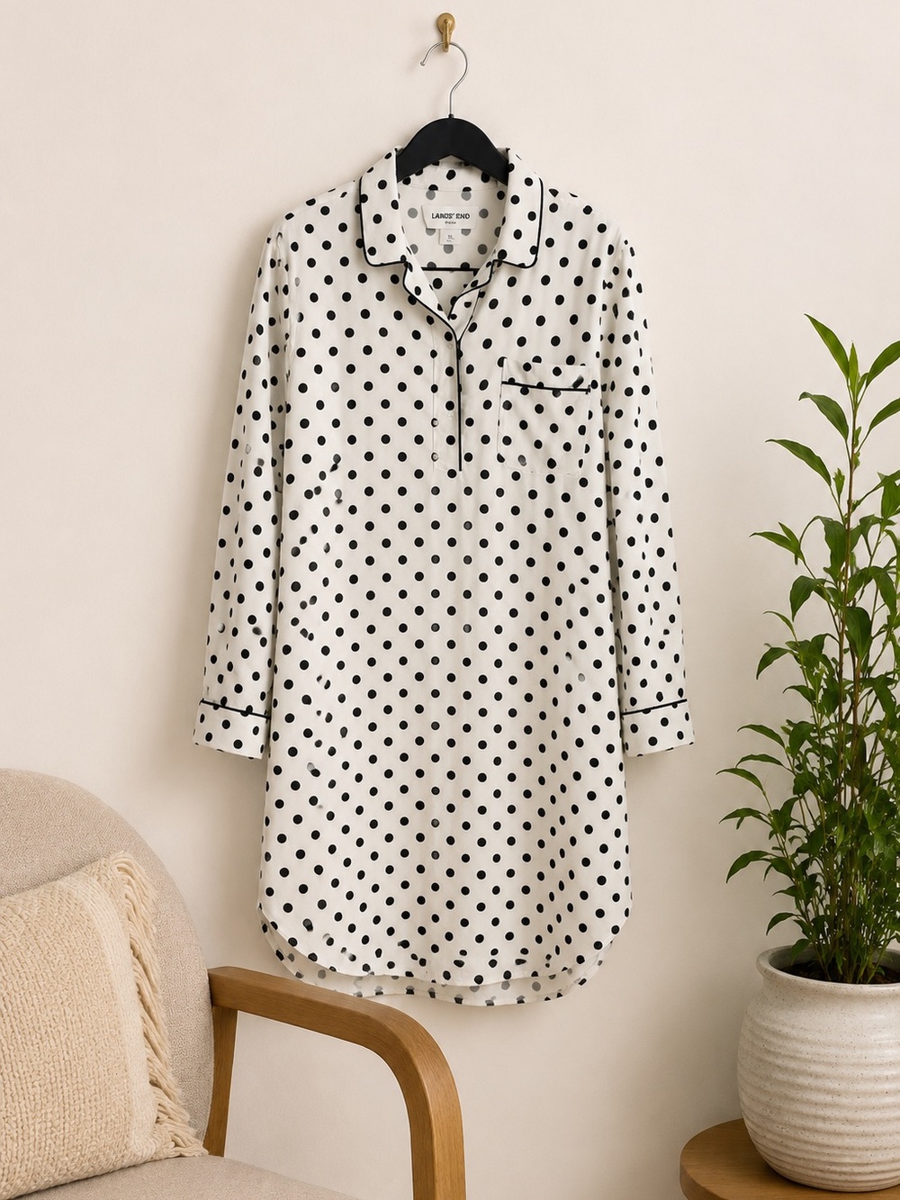 Land's End Cotton Polka Dot Nightshirt Cream Black Cozy Cottagecore Sleepwear XL